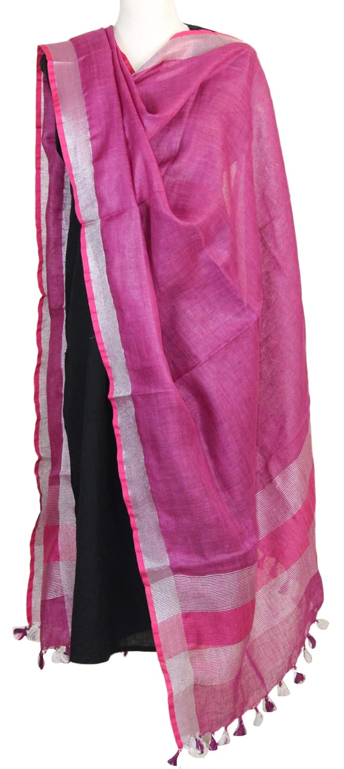 weaves of tradition handwoven linen plain dupatta with silver zari border