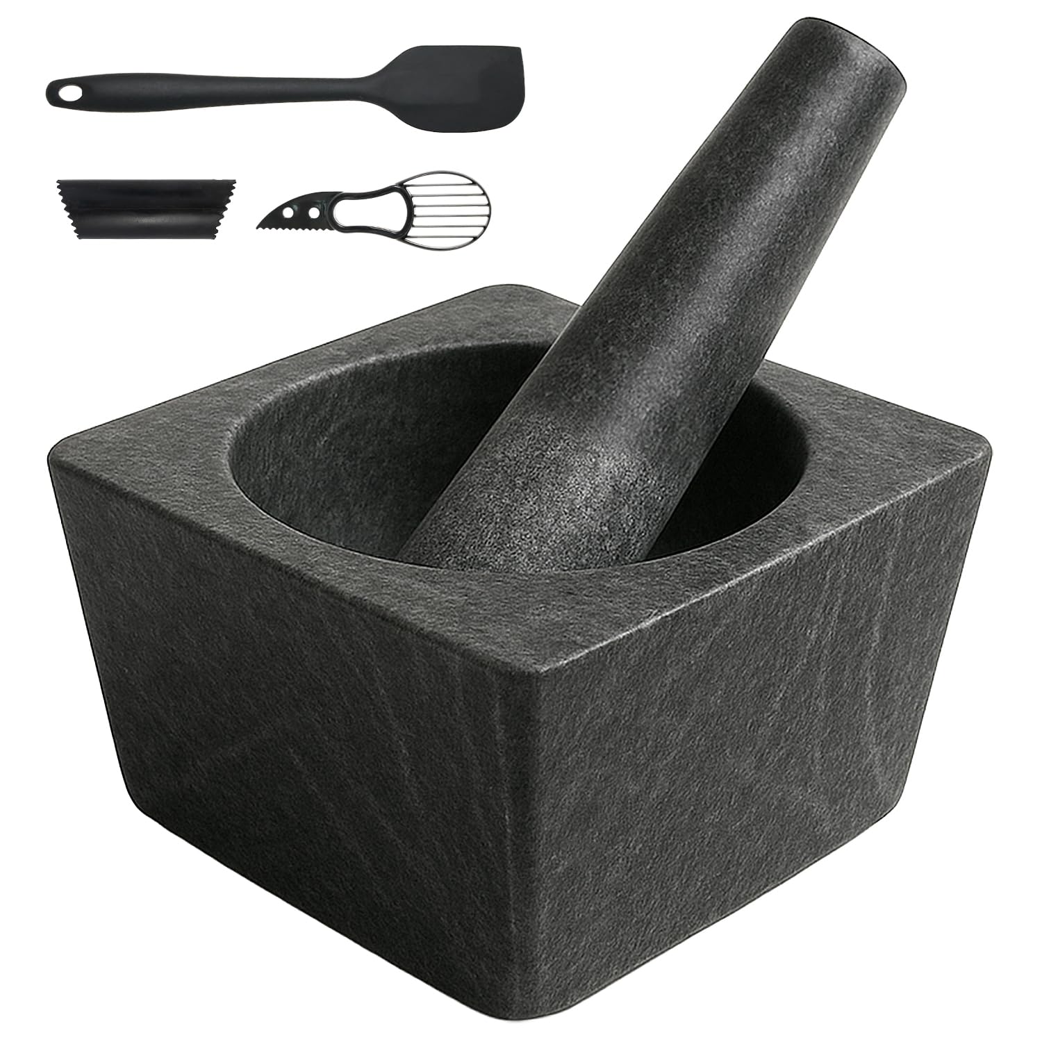 Pepe Nero Large Granite Mortar and Pestle Set - Heavy Duty Stone Grinder Bowl, Non Slip Base (Black, 5.5")