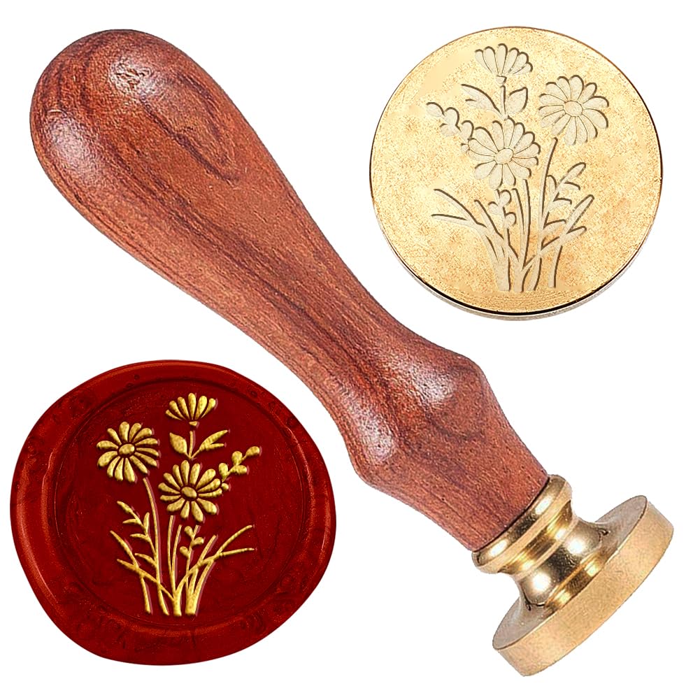 DELORIGIN 1" Daisy Flowers Wax Seal Stamp Retro Sealing Stamps Removable Brass Head Seal Stamp with Wooden Handle Sealing Wax for Envelope Greeting Card Letter Wedding Invitations Gift Wrapping Decor