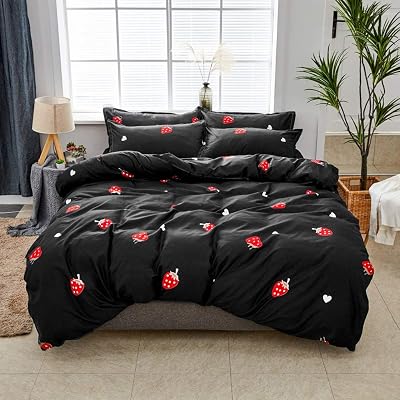 Loussiesd Red Strawberry Duvet Cover Set 3pc Kids Reversible Black Polyester
