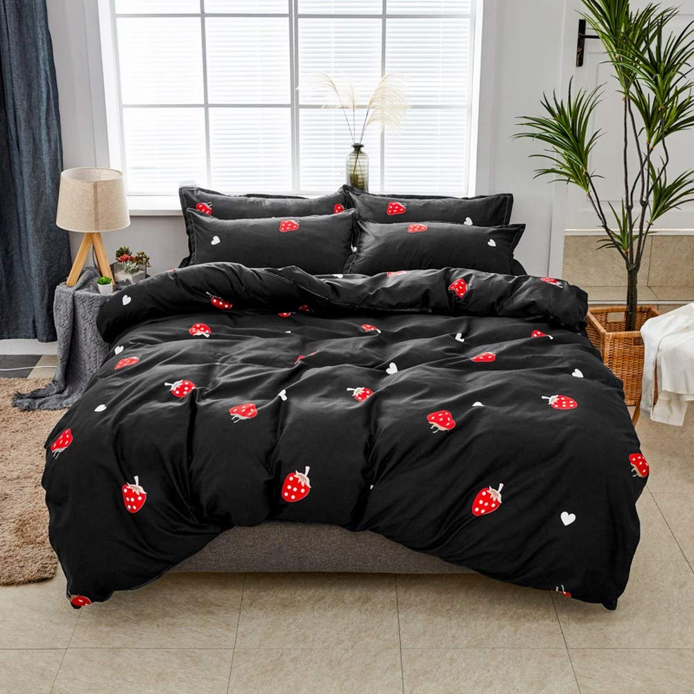 Loussiesd Red Strawberry Duvet Cover Set Black Reversible Bedding Set 3pcs for Kids Boys Girls Fruits Theme Comforter Cover Polyester Quilt Cover with 2 Pillow Cases (No Comforter) Double Size — image 1