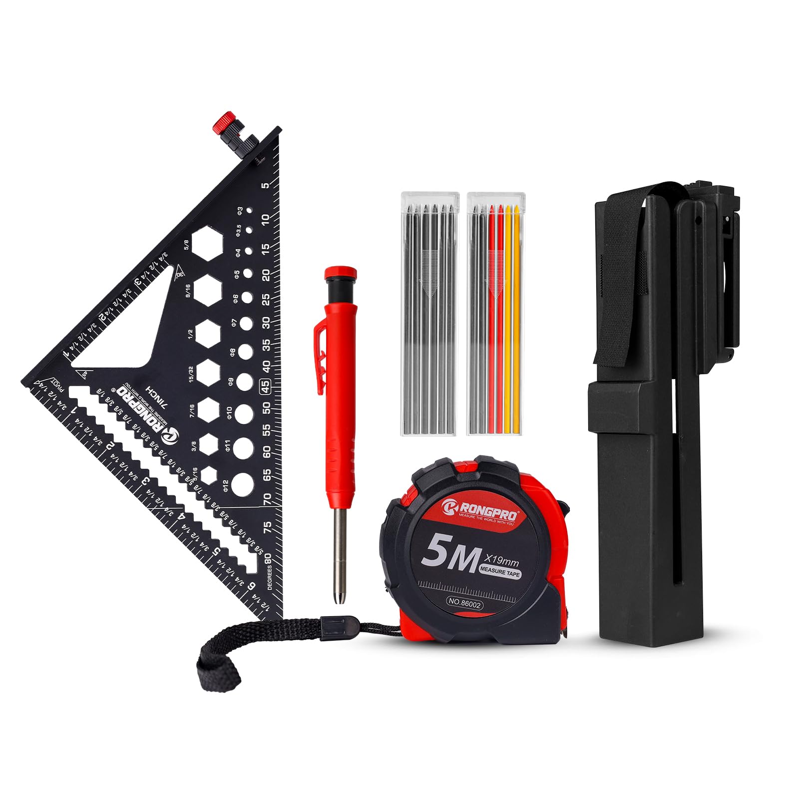 Square Master Rafter Square Holder Set - 7" Square, Tape Measure, Pencil, Belt Holster For Carpenters