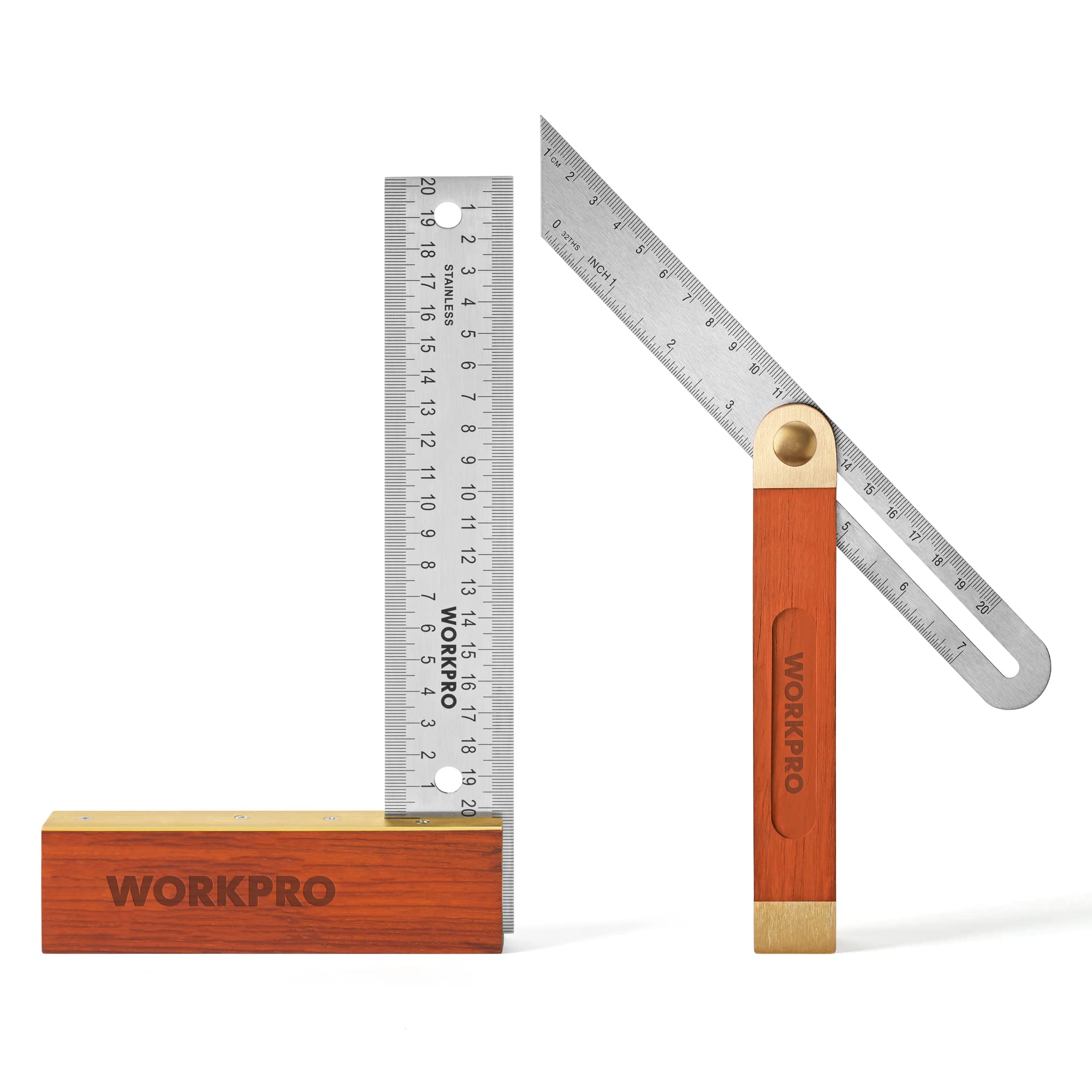WORKPRO Carpentry Squares Set 2-Piece, Try Square 8 Inch/200 mm, Adjustable Sliding Bevel 9.4 Inch/240 mm, Hardwood Handle Stainless Steel Blade for Craftsman Woodworking