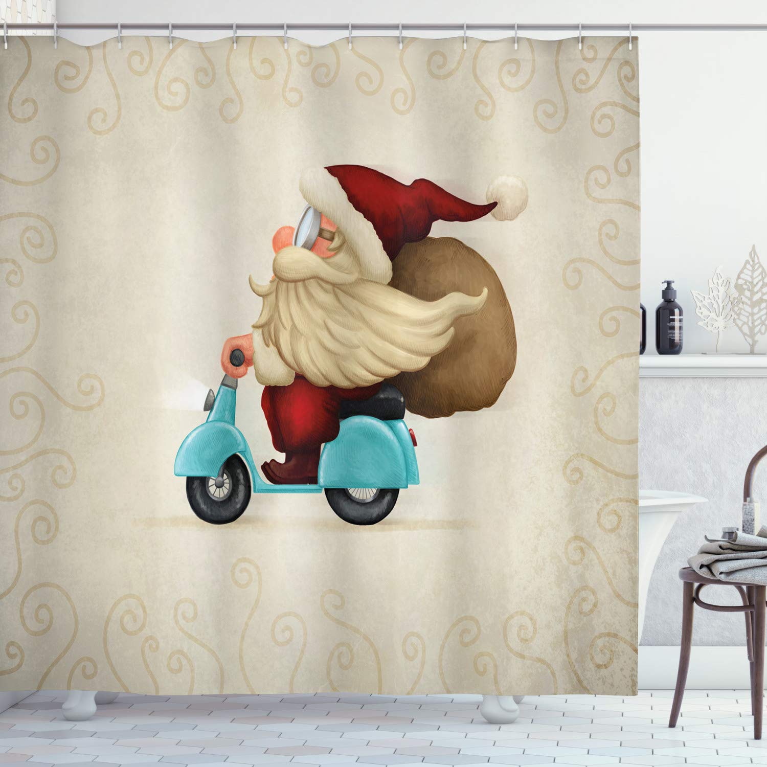 ABAKUHAUS Christmas Shower Curtain, Old Santa Claus Delivering Presents on His Motorcycle Swirled Lines Frame, Cloth Fabric Bathroom Decor Set with Hooks, 86 Inches Extra Long, Red Tan Pale Blue