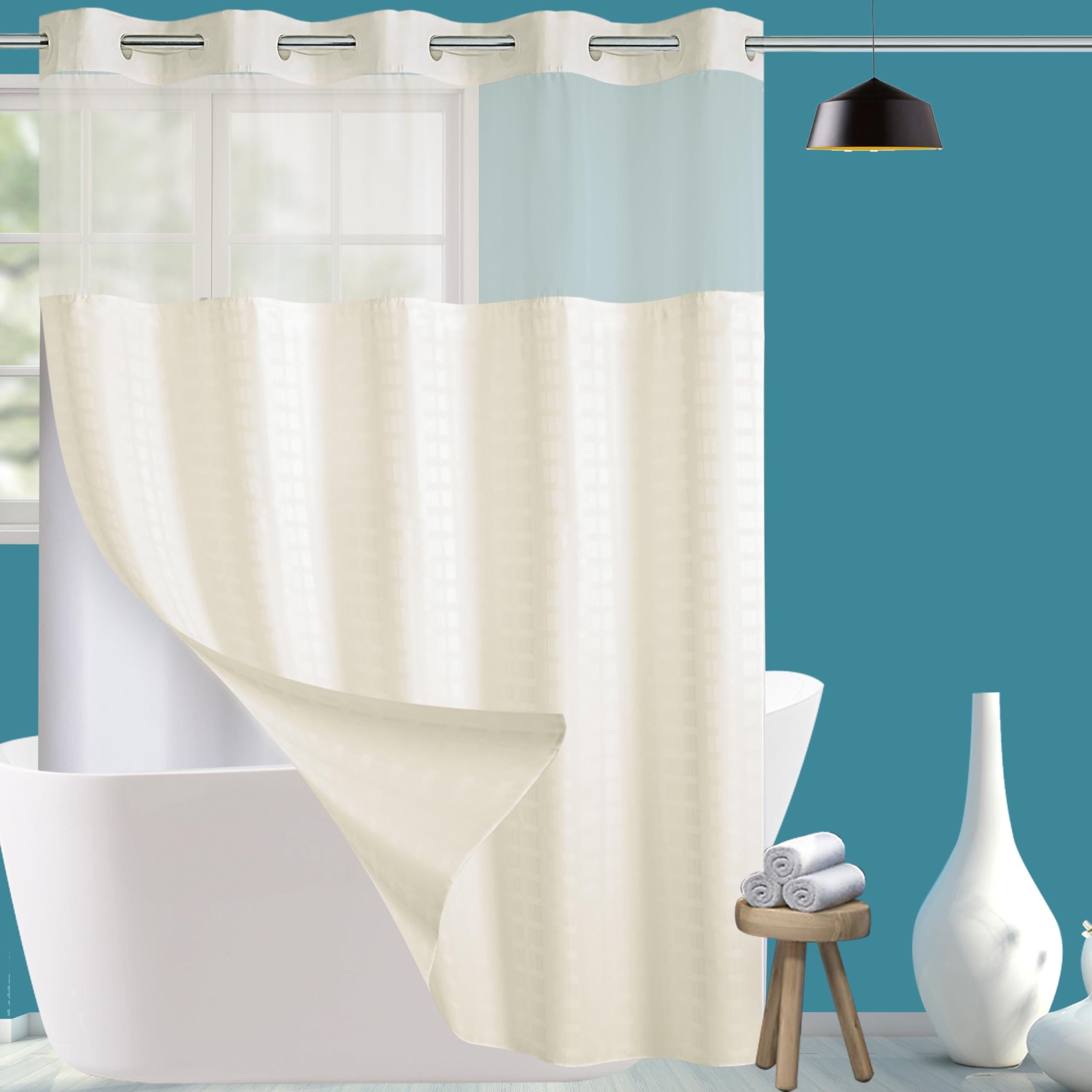 Photo 1 of Conbo Mio Extra Long No Hook Shower Curtain with Snap in Liner Set, Hotel Luxury Beige Shower Curtains for Bathroom with See Through Top Window, Waterproof, Washable 71W x 84H