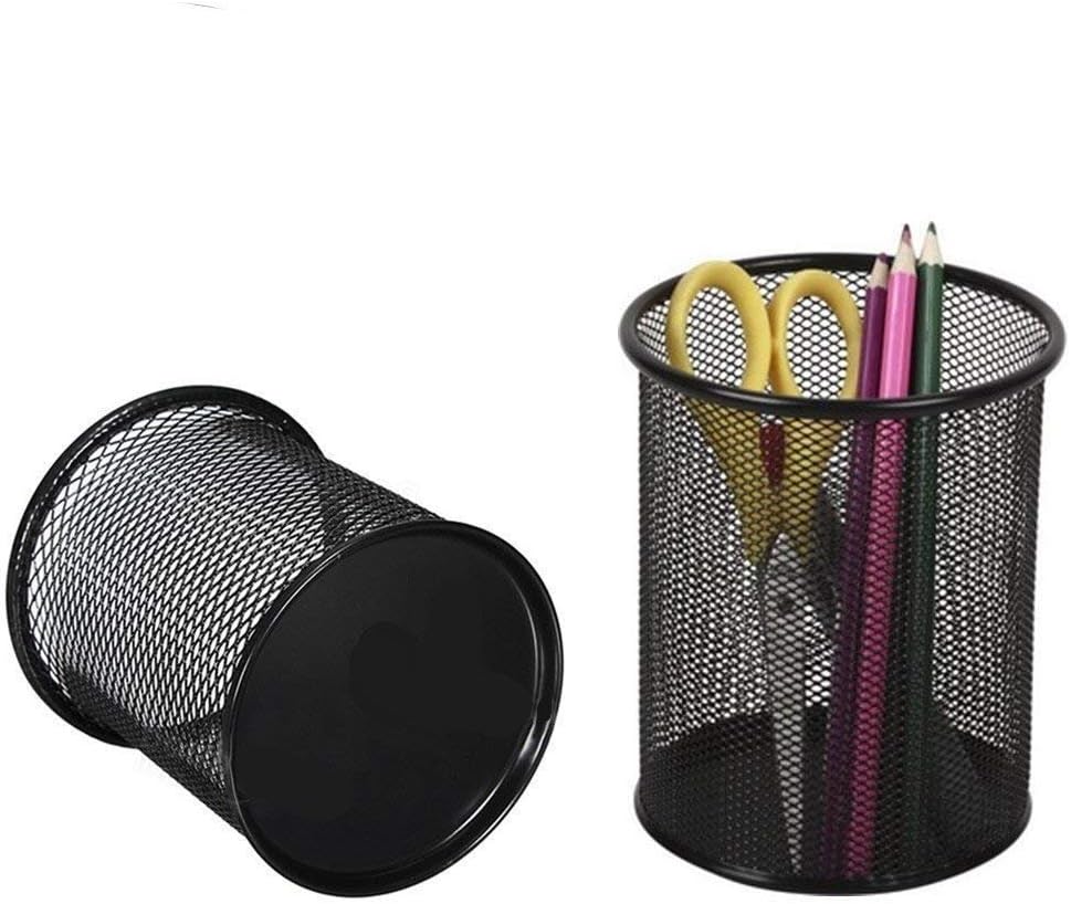 Dtacke 2 Pcs 3.9 inch Round Mesh Cup Desk Pen Pencil Holder Black Round Metal