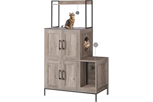 HOOBRO Cat Litter Box Enclosure Furniture, 2 in 1 Hidden Litter Box Furniture with Shelf, Double Litter Box Cabinet with 2 Dangling Plush Balls and 1 Toy Ball, Greige and Black BG78MW01