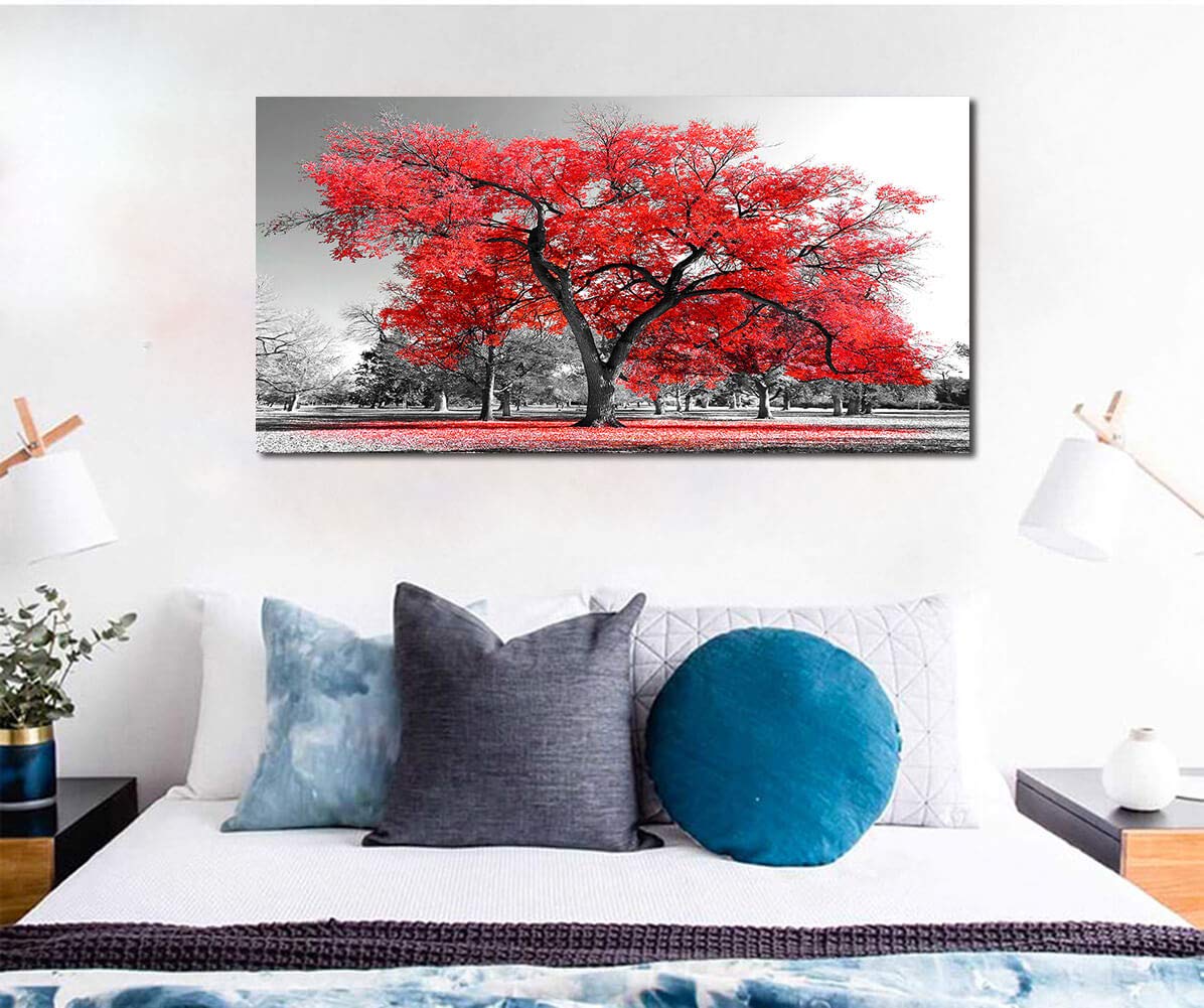 Canvas Wall Art Prints Red Tree in Black and White Background One Panel