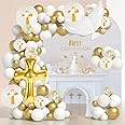First Communion Decorations Balloons Set 145pcs God Bless White Gold Baptism Balloons Arch for First Holy Communion Decorations Christening Baptism Party Supplies