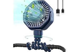 LERAT Portable Stroller Fan with Flexible Tripod, 3000mAh Battery Operated Mini Fan with 3 Speeds, Clip on Cooling Fans for Baby, Detachable Personal Fan for Car Seat (Blue)