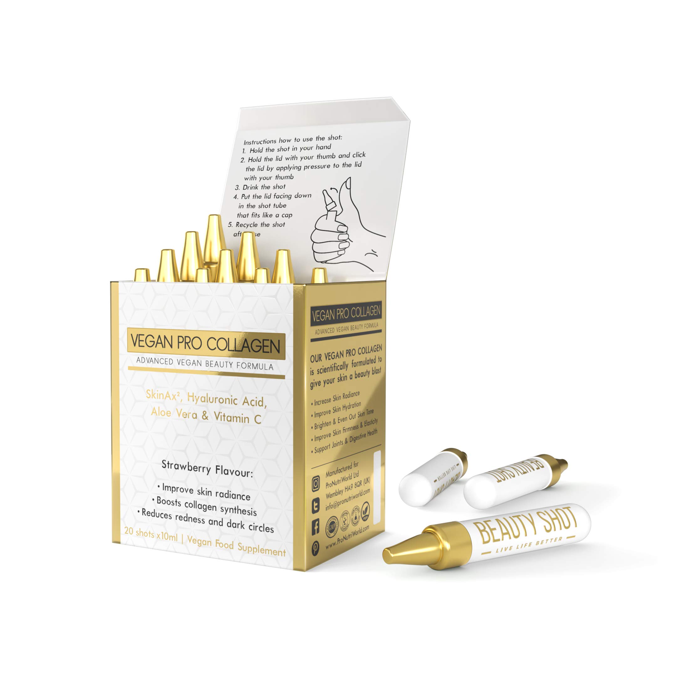 Liquid Vegan Collagen, Plant Based Beauty Supplement with Hyaluronic Acid and Aloe Vera, Plant Protein Drink for Skin, Nail, Hair and Joints with Zinc, Vitamins B1, B3, C- 20 Collagen Shots