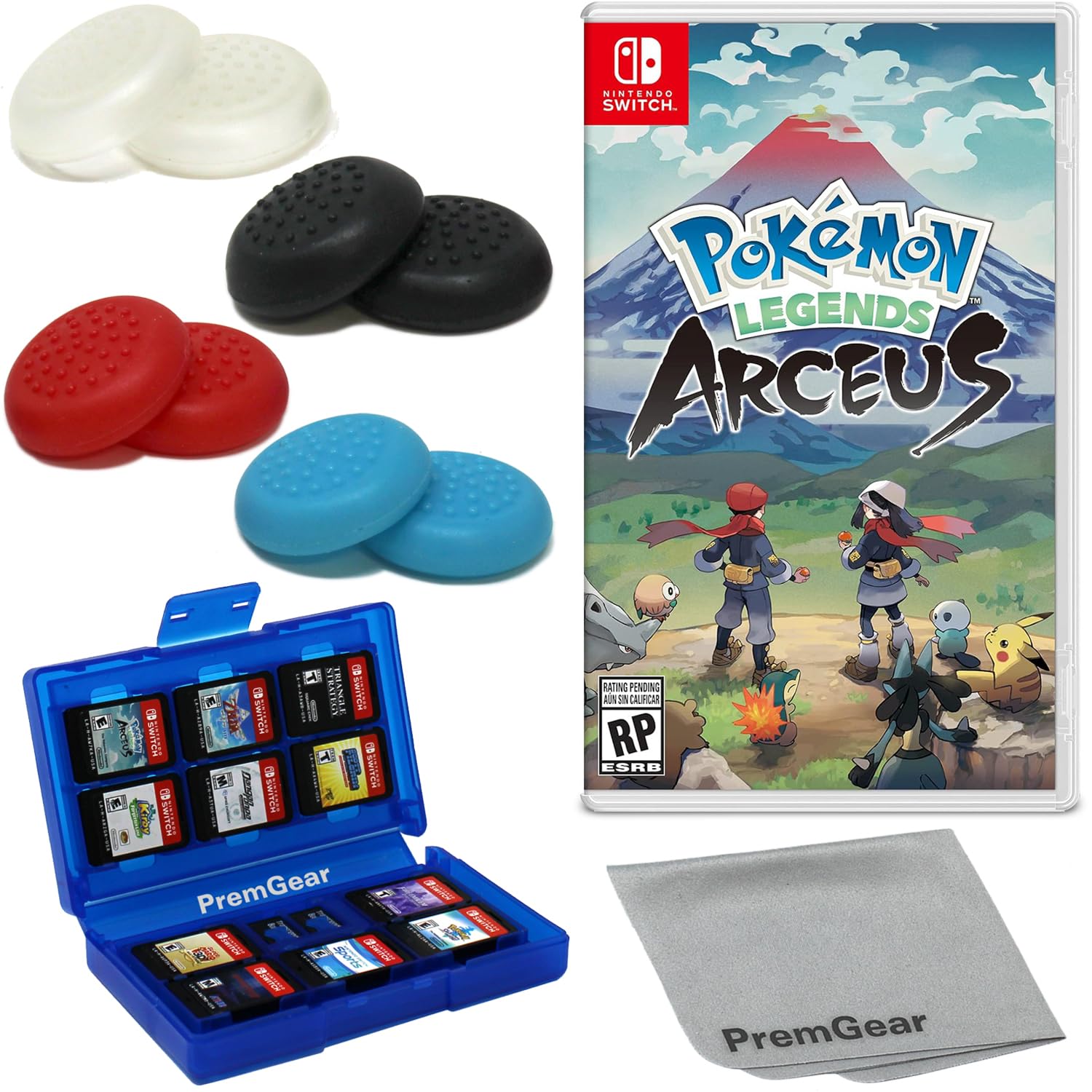 Pokémon Legends: Arceus for Nintendo Switch (US Version), with PremGear Thumb Grips (8 pack - Black, Blue, Red & Clear), 24 Slot Game Card Holder & Cleaning Cloth