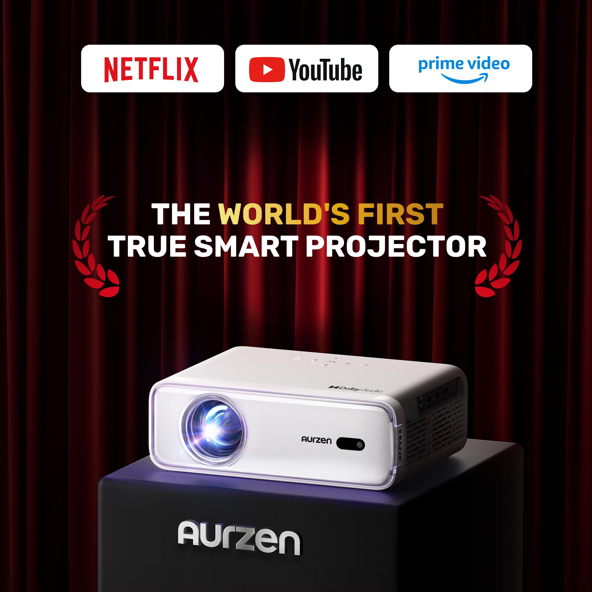 [NetfIix Officially & DoIby Audio] Aurzen Eazze D1 4K Supported Smart Projector with Auto Focus & Auto Keystone, 50% Zoom, HDR 10, 60Hz Portable Projector for iOS/Android/USB/TV Stick,White