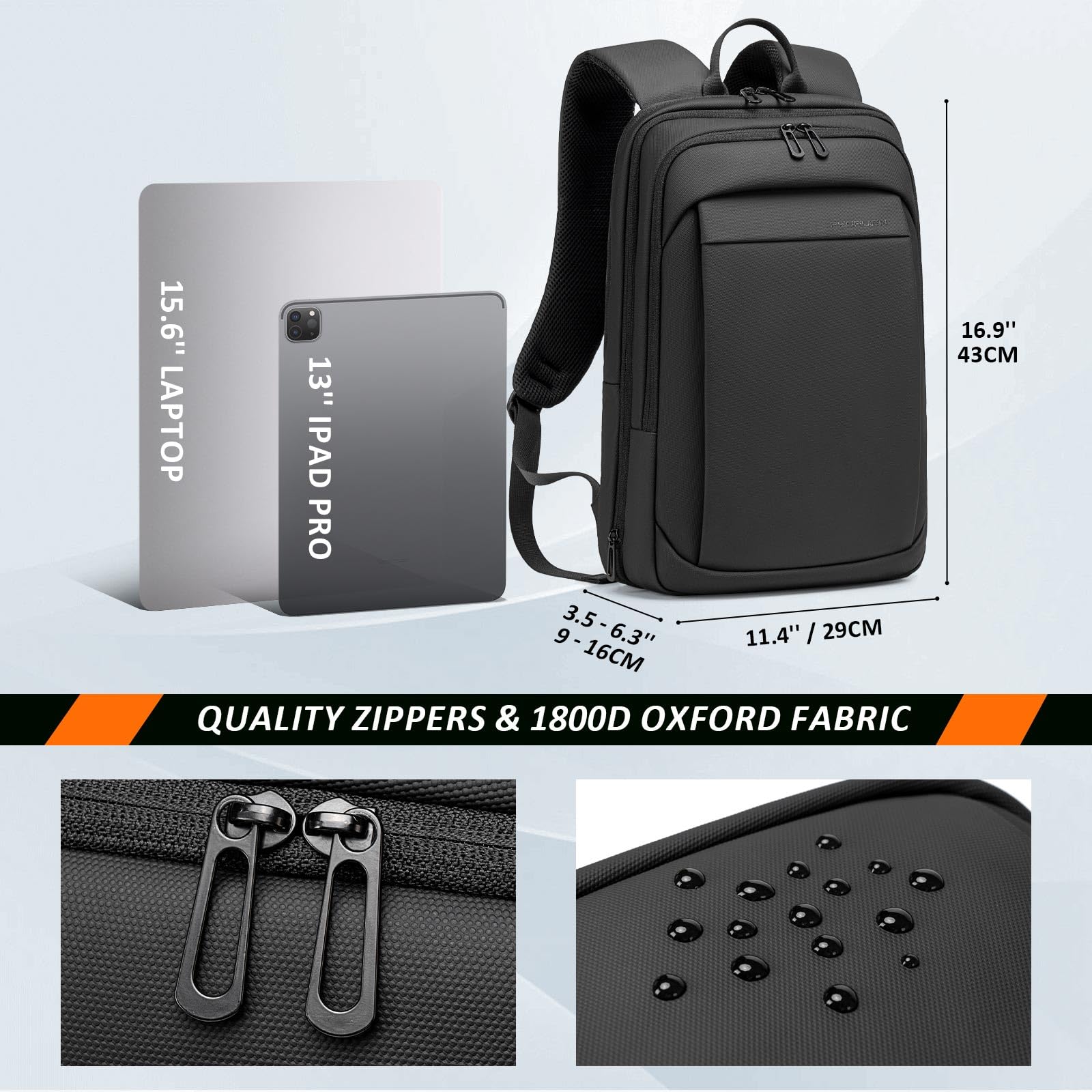 FENRUIEN Work Backpack for Men, Water Resistant Expandable Backpack with USB C Charging Port, Black 15.6 Laptop Backpack