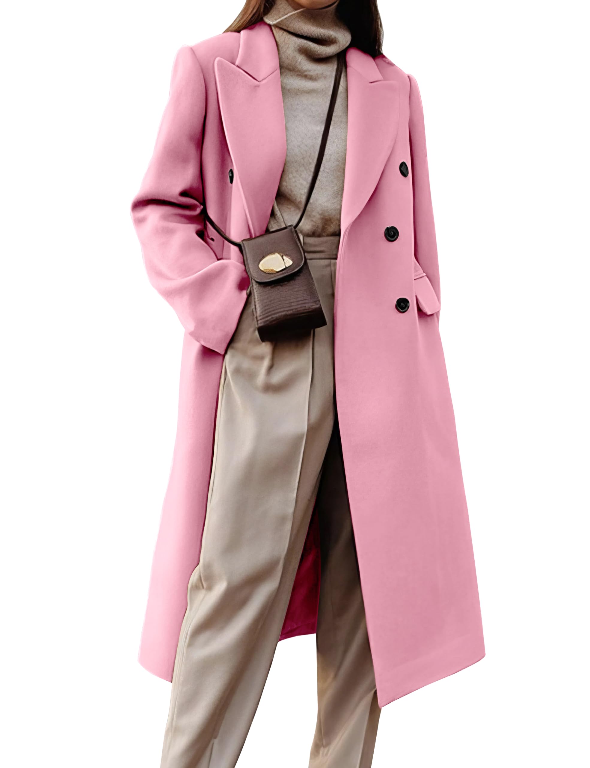 Photo 1 of IDEALSANXUN Long Wool Coats for Women 2025 Fall Winter Double Breasted Trench Coats Tweed Blazer Dressy Jackets, Pink, L