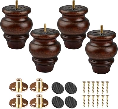 Btowin 4" Solid Wood Furniture Legs 4Pcs Glazed Bun Feet w/ 5/16" Bolts & Plates
