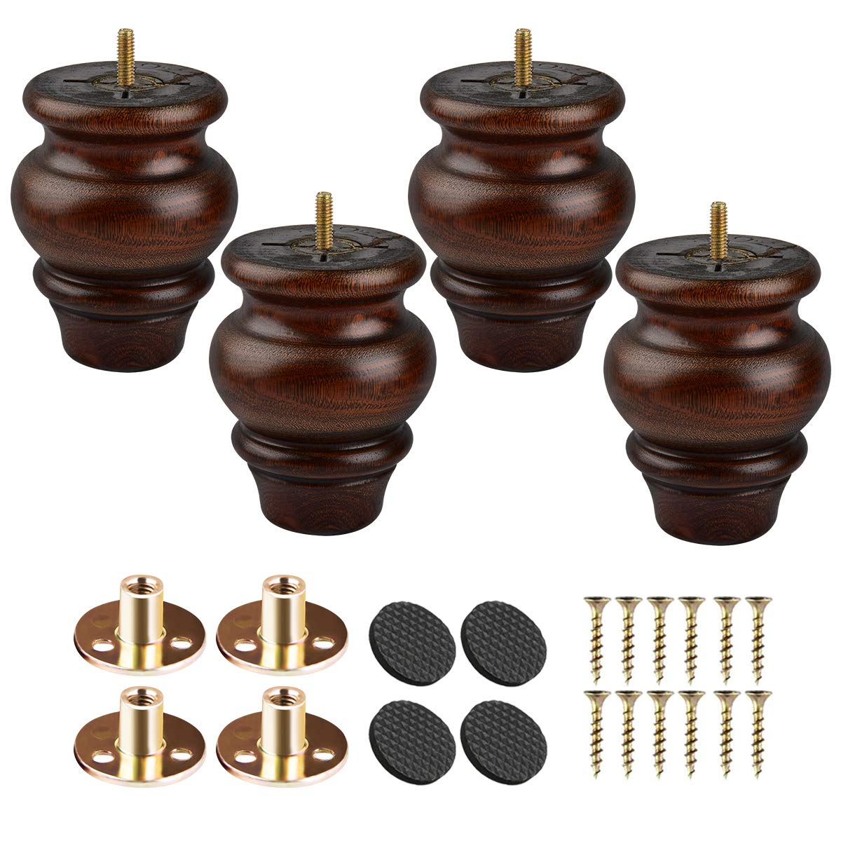 Btowin 4 inch Solid Wood Furniture Legs, 4Pcs Glaze Turned Wooden Bun Feet with Threaded 5/16'' Hanger Bolts & Mounting Plate & Screws for Sofa Cabinet Ottoman Loveseat Recliner