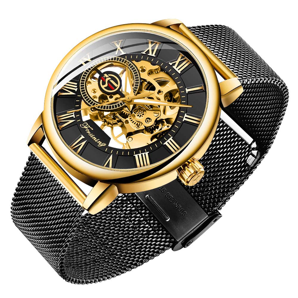 Men's Skeleton Watch Classic Roman Numeral Steampunk Mechanical Watch Hand-Wind Mens Watches (Blue), balck&gold, Mechanical