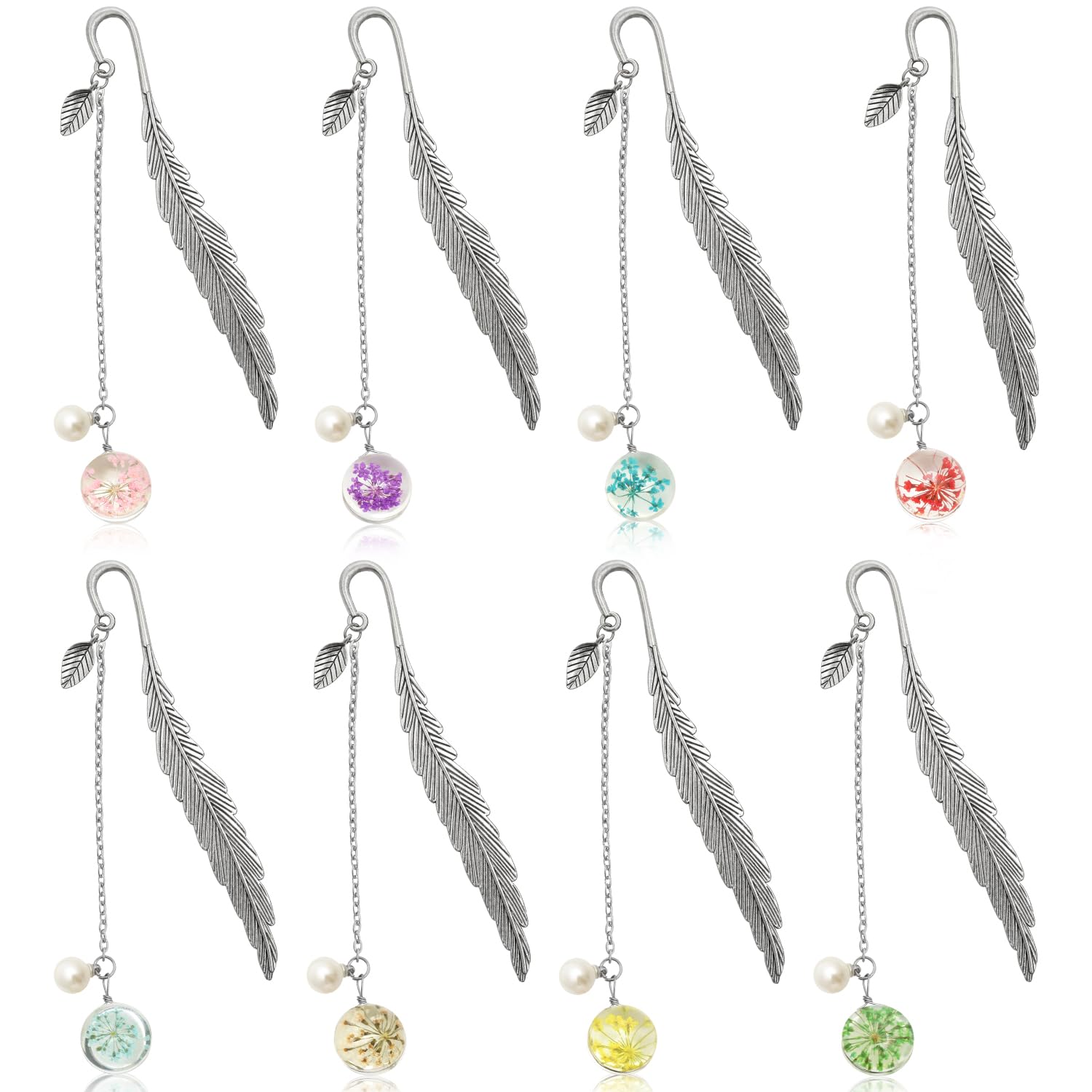 8 Pcs Metal Feather Bookmarks Silver Feather, Vintage Creative Bookmarks with Leaf Eternal Dry Flower Pearl Pendant, Book Mark Gift for Women, Children, Readers, Teachers, Students