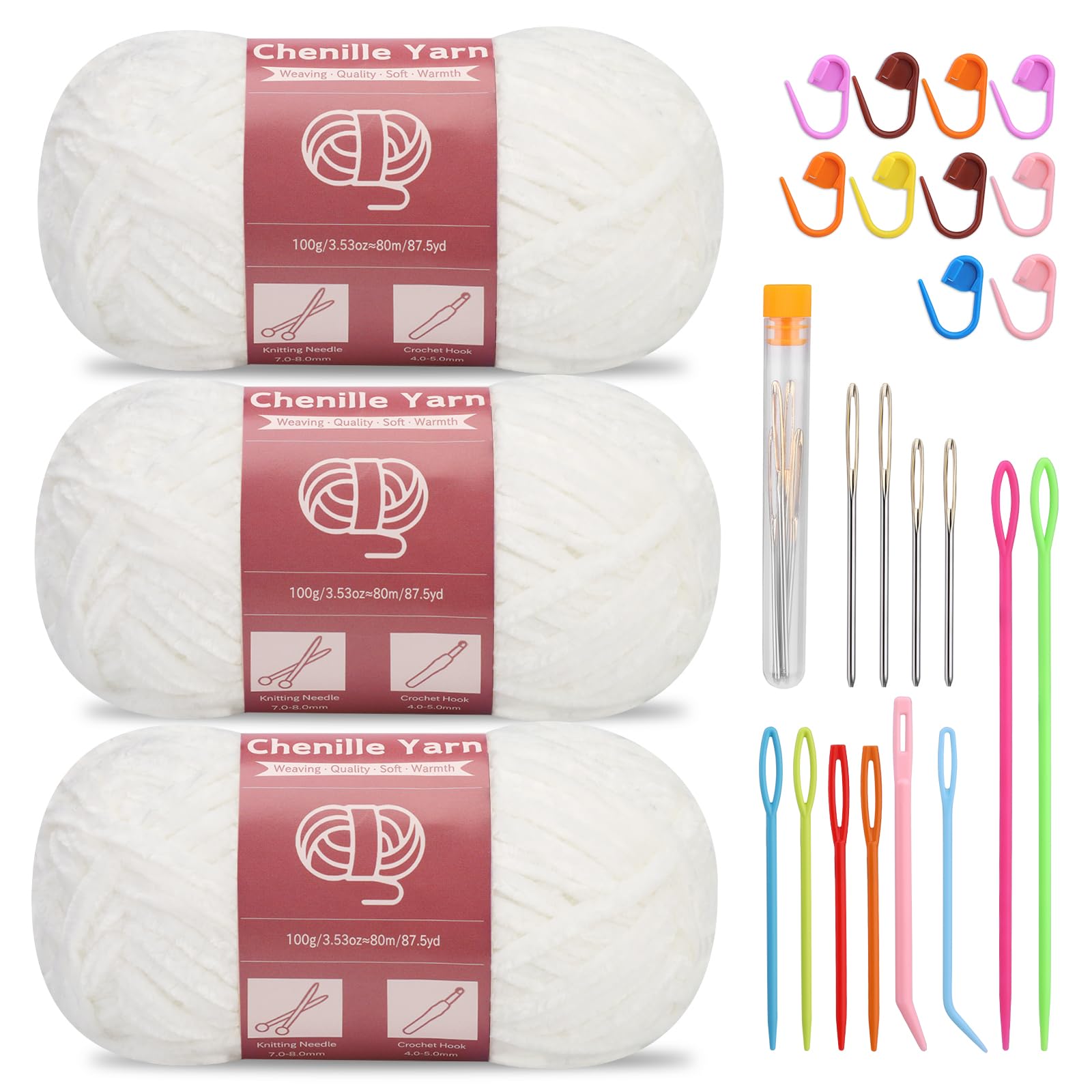 SUVSOON 3 * 100g Chenille Yarn, Chenille Velvet Yarn for Crocheting and Knitting with Needles Stitch Marker Handcrafts Weaving Soft Chenille Yarns for Blankets, Clothes, Pattern Knitting (White) — image 1