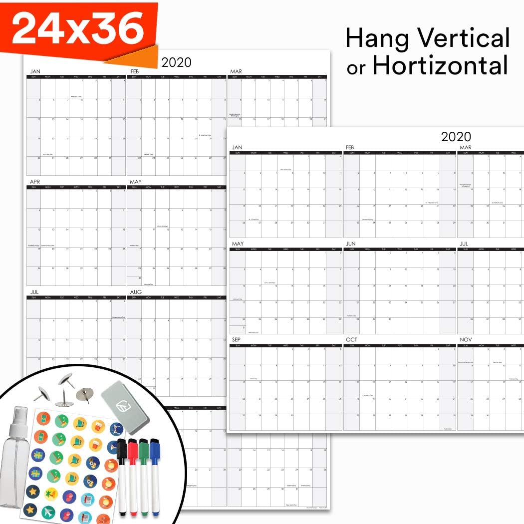 Lushleaf Designs - 2020 Dry Erase Wall Calendar - 24x36 Inches Double Sided Vertical & Horizontal - Large Month Planner - Whiteboard Poster