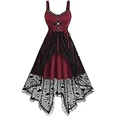 Rosegal Women Plus Size Gothic Lace-up PU Cross Skulls Lace Panel Asymmetrical High Low Midi Dress Rivets Straps Punk Dress