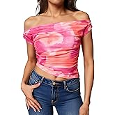 winkbay Women's Tie Dye Off The Shoulder T Shirt Ruched Short Sleeve Asymmetrical Mesh Tops