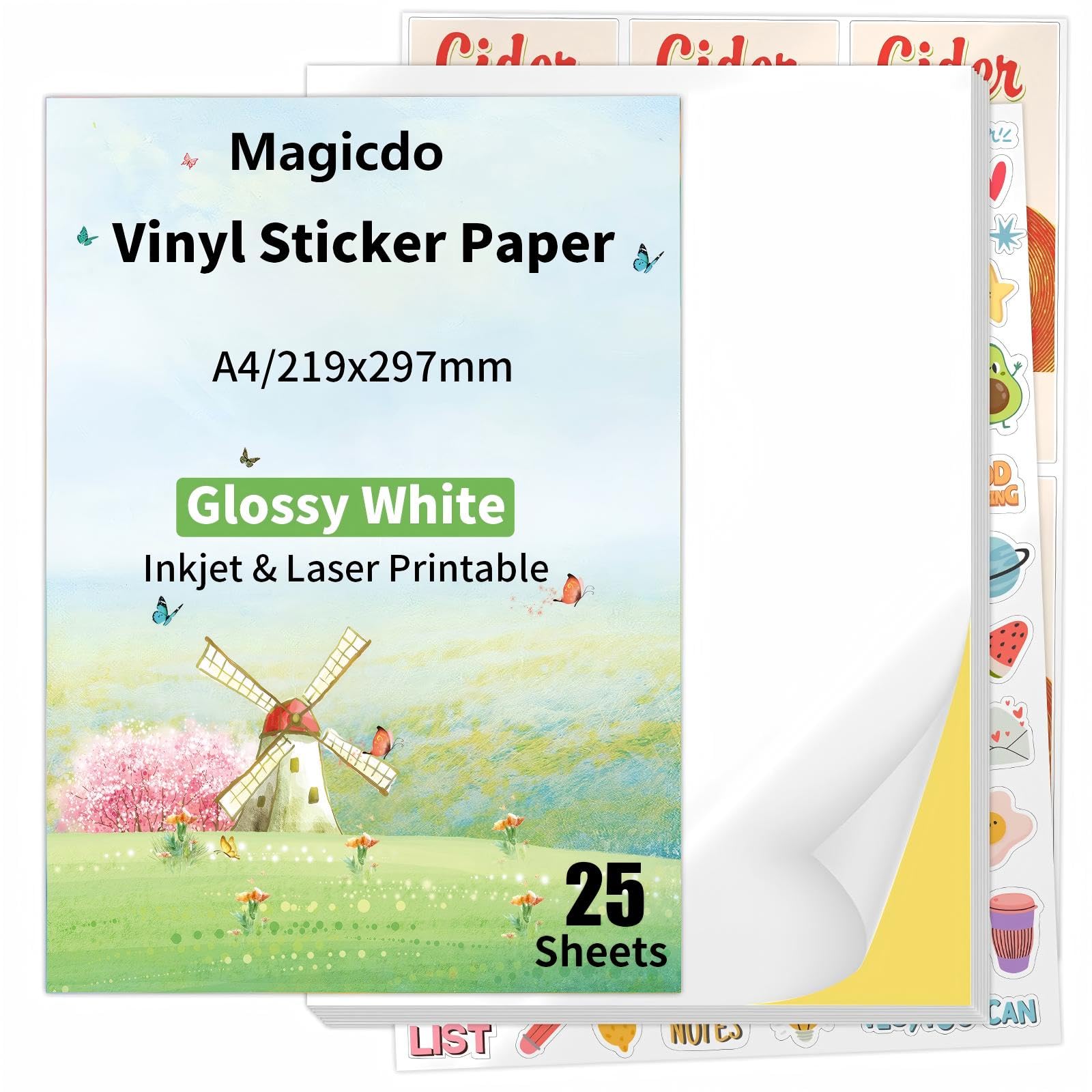 Printable Sticker Paper A4 Glossy White Vinyl Sticker Paper for Printing Inkjet & Laser Printer Ideal for Shipping, Crafting and Multi-Purpose Use (glossy-25sheets)