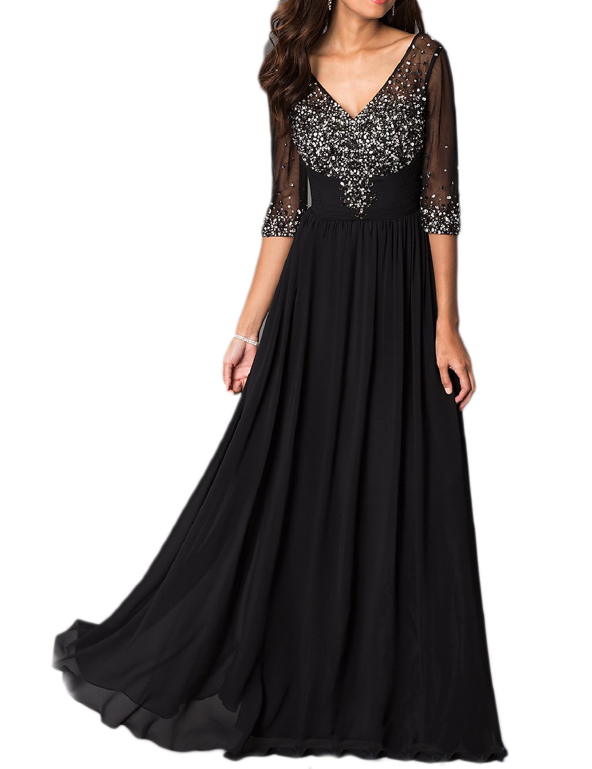 PromCC Womens 1/2 Sleeve Beaded Chiffon Evening Dress Formal Wedding