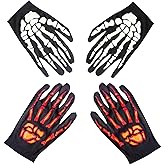 DongciTACi 2 Pairs Skeleton Gloves, Halloween Black and Red Full Finger Bones Accessories for Day of The Dead Ghost Cosplay Parties