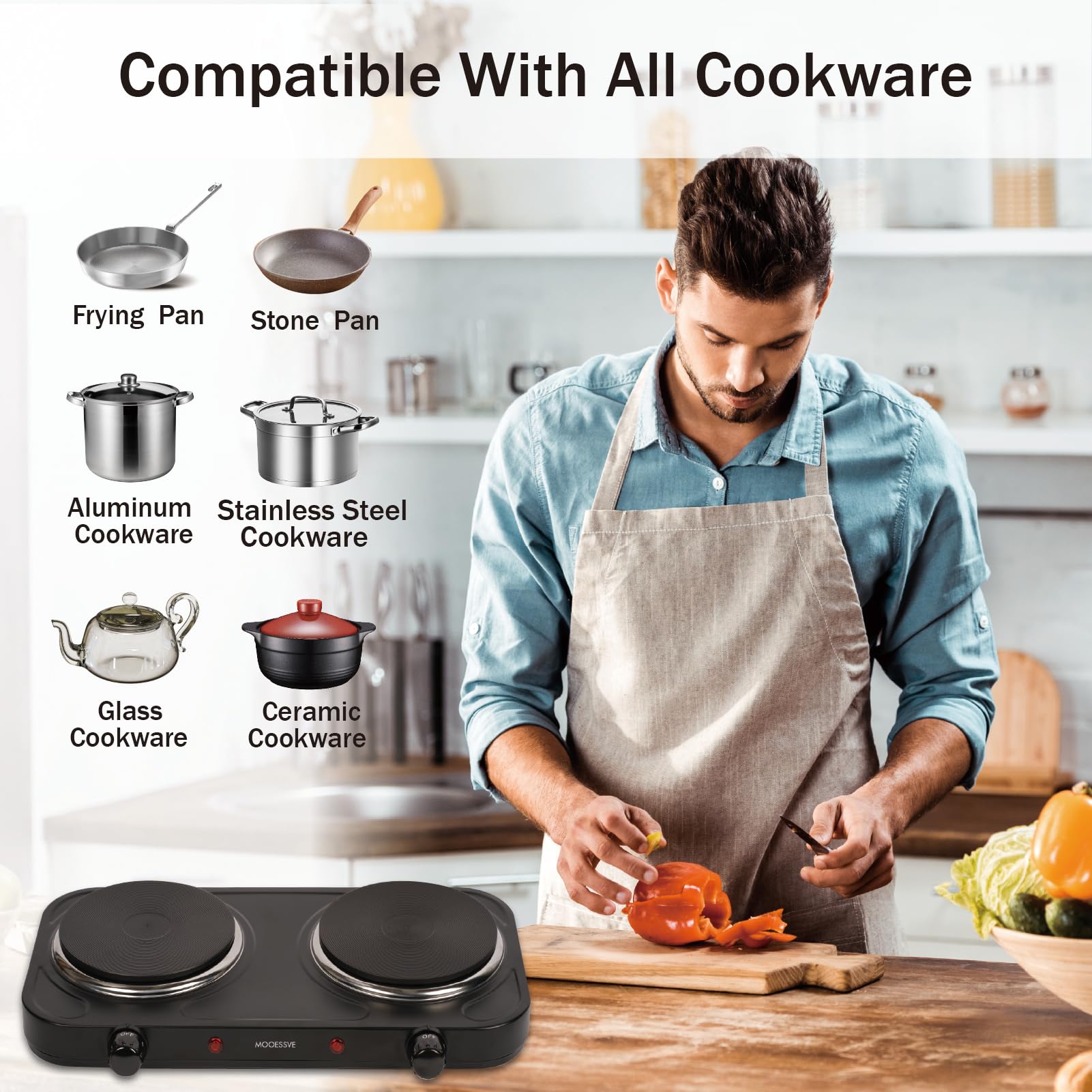 Countertop Double Cast Iron Burner 1800 Watts Electric Hot Plate with Adjustable Temperature 6.1