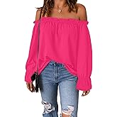 Spriolim Women's Off Shoulder Top Ruffle Long Sleeve Chiffon Blouse Casual Loose Shirts