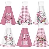 Tegeme 6 Pcs Hanging Kitchen Towels with Loop, Absorbent Hand Tie Towels Microfiber Decorative Fast Drying Kitchen Hanging Towel for Home Bathroom(Pink Rose)