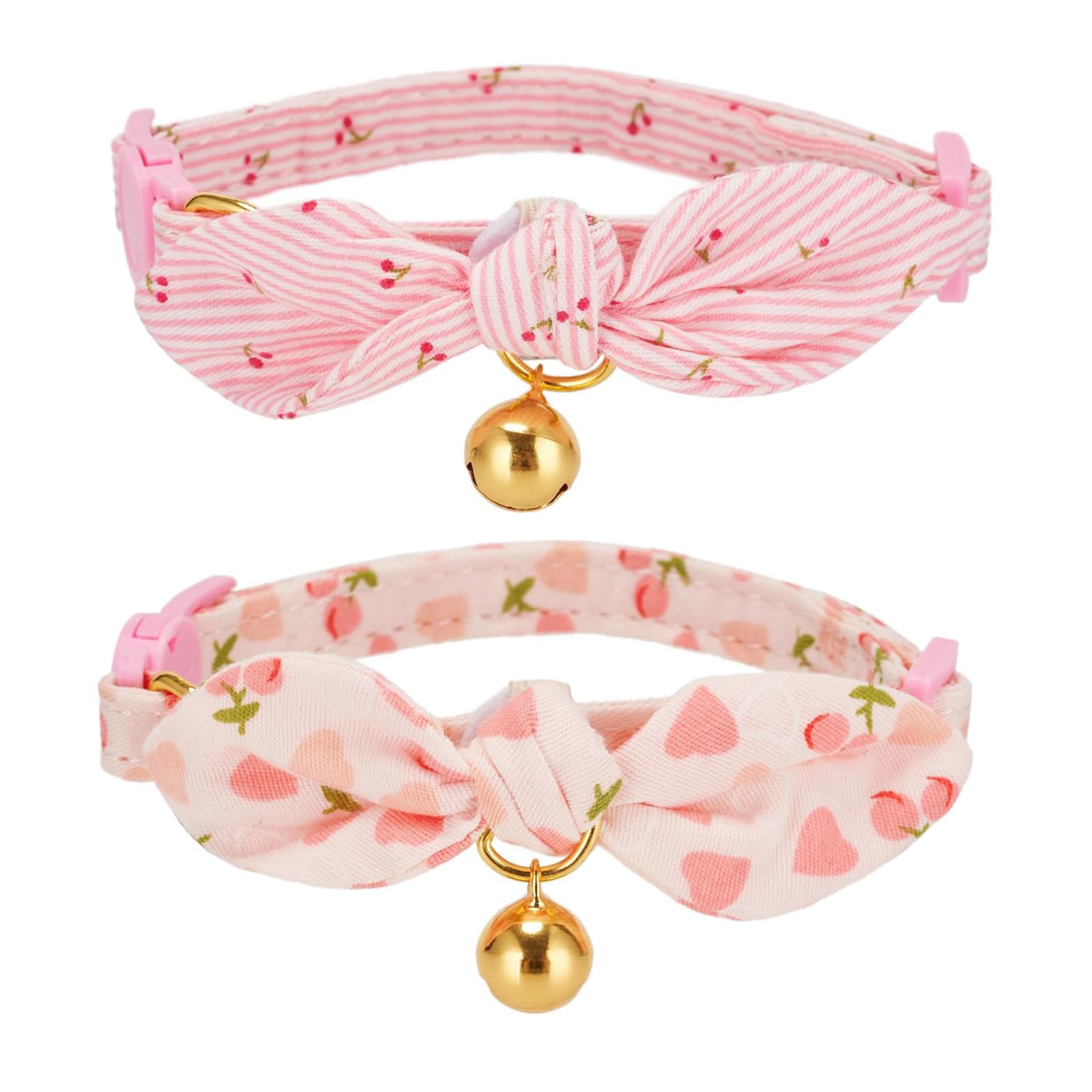 Petiry Bow Cat Collar with Bell - Breakaway Pink Kitten Collar featuring Detachable Knot Bowtie,Heart and Cherry Design,Pack of 2 — image 1