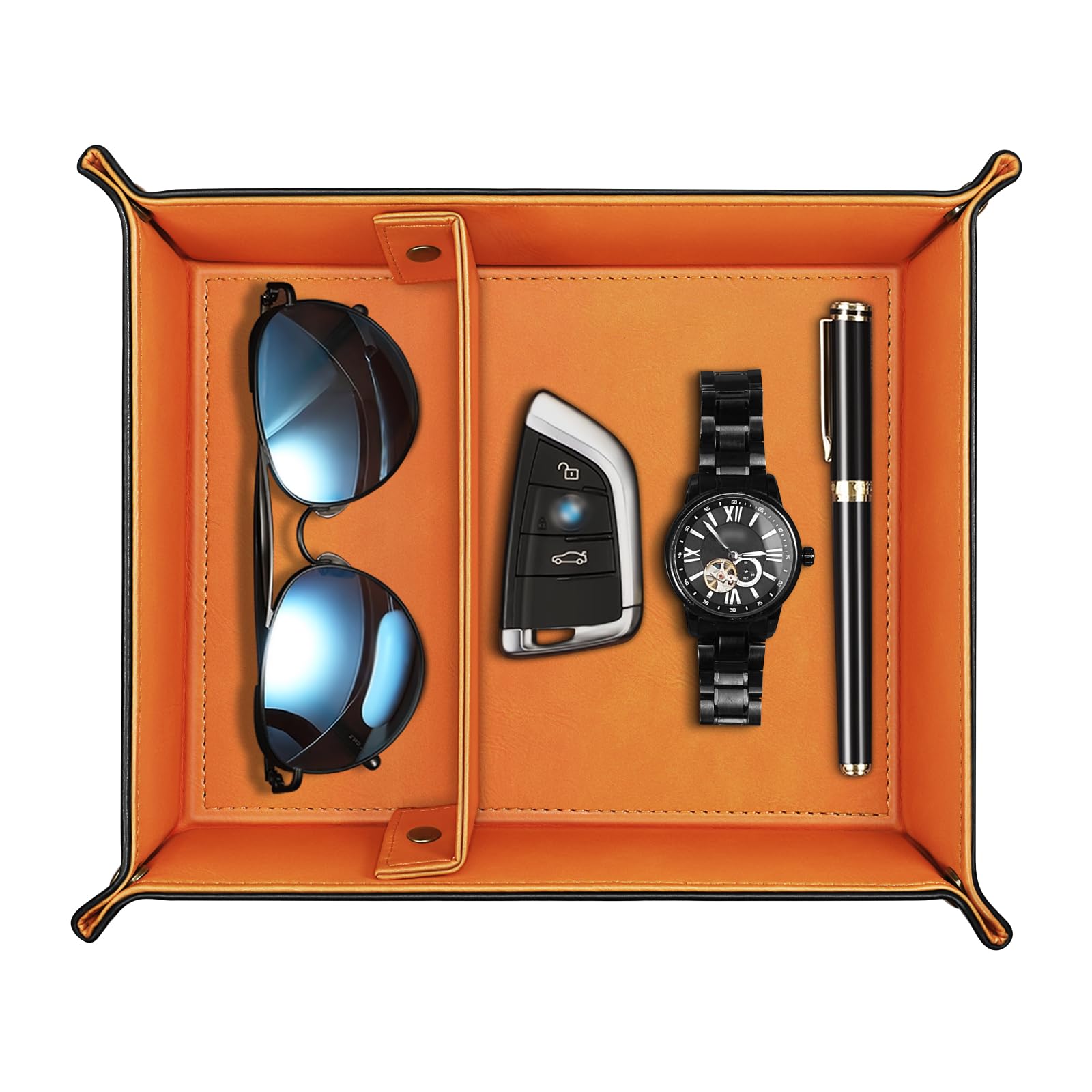 SITHON PU Leather Tray, Desktop Storage Organiser with 2 Compartments– Catchall Tray Bedside Vanity with Removable Dividers, Store Keys, Wallet, Phone, Glasses, Coin, Jewelry (Black/Orange)