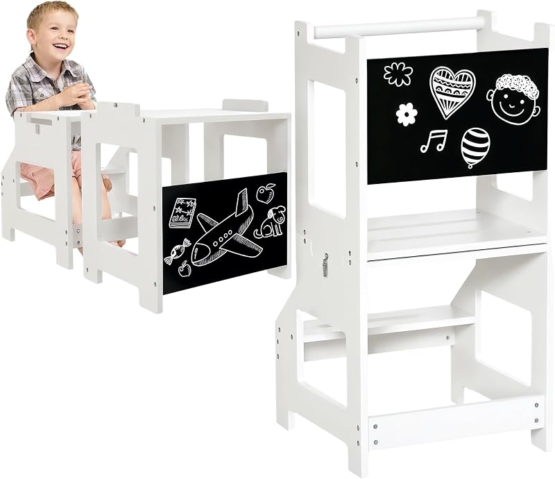 HOMCOM 2 in 1 Kids Kitchen Step Stool with Safety Rail White