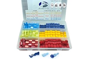 Amlits 200 PCS T-Tap Wire Connectors, Self-Stripping Quick Splice Electrical Wire Terminals, Insulated Male Quick Disconnect Spade Terminals Assortment Kit with Storage Case