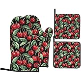 Red Cherry Oven Mitts and Pot Holders Set of 4pcs Heat Resistant Non-Slip Oven Gloves Hot Pads for Kitchen Cooking Baking Grilling BBQ