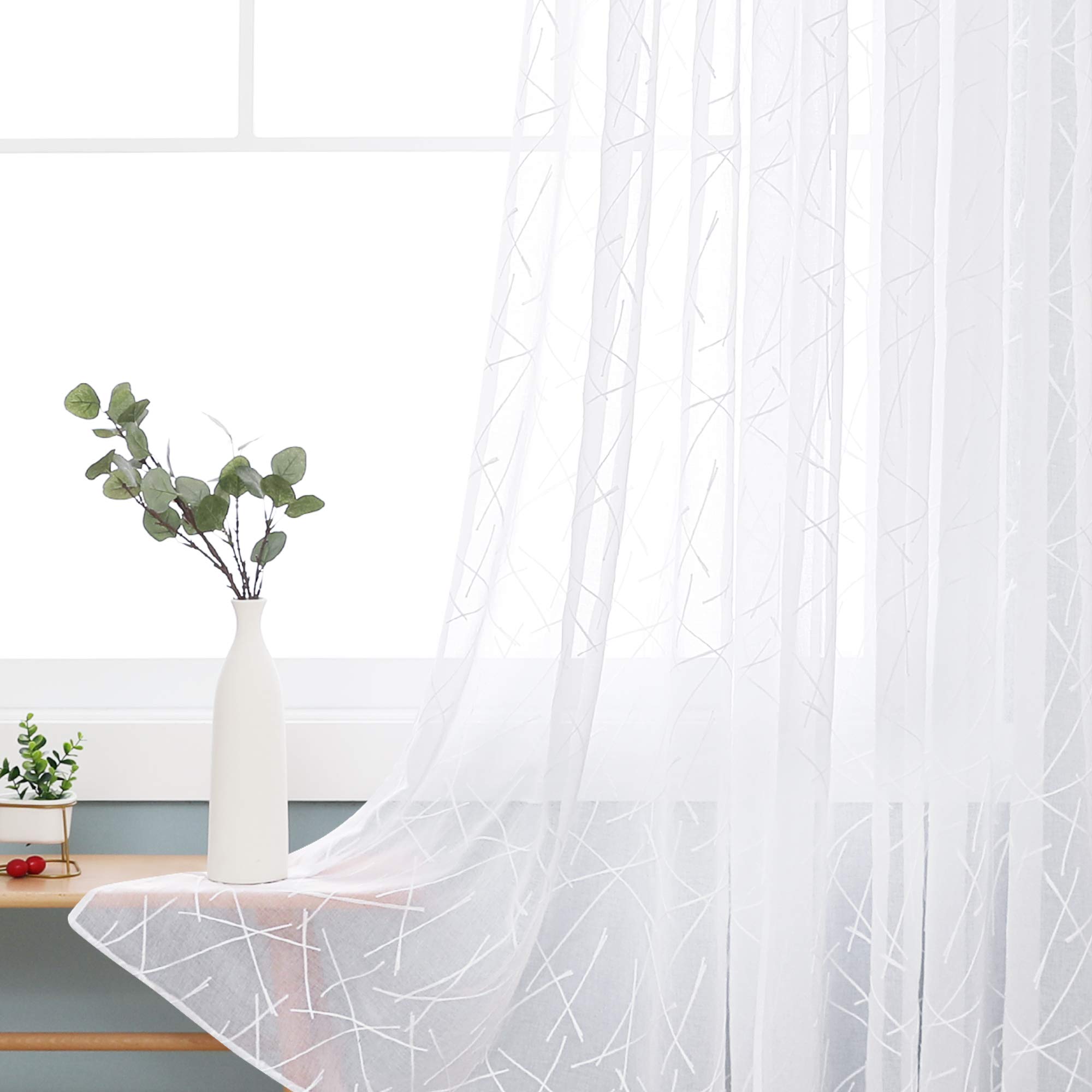 Deconovo Linen Effect Eyelets Sheer Curtains Home Decorative Voile Curtains Embroidered Net Curtains for Bedroom 55 x 90 Inch White Two Panels