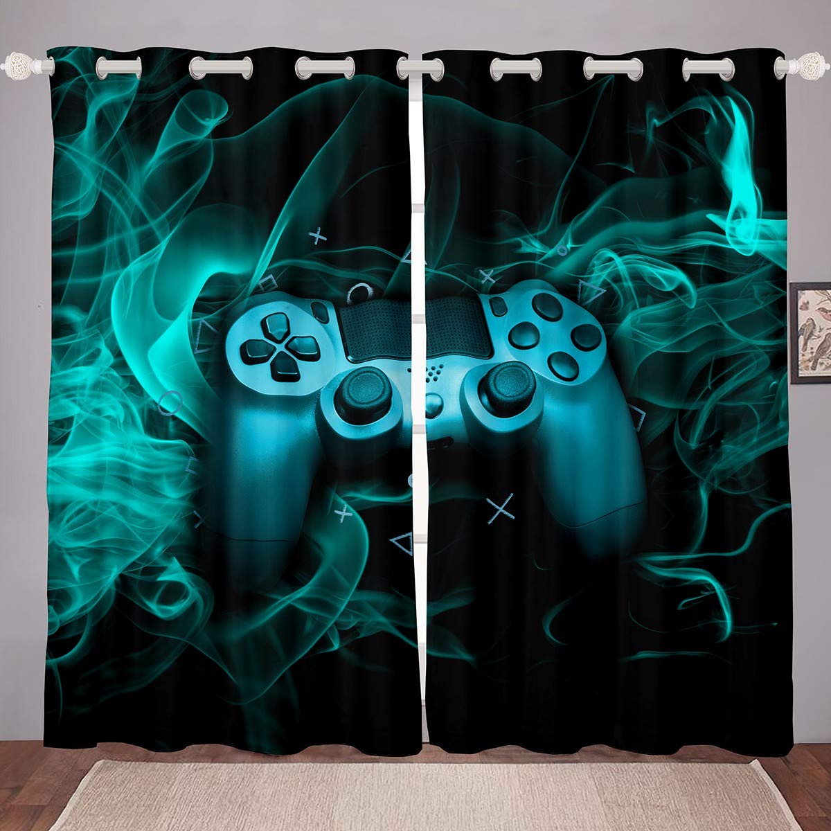 Homemissing Teal Gaming Thermal Curtain For Boys Bedroom Gamer Window Treatments Video Game Geometric Window Drapes Light Reducing Soft Curtains With Grommet Console Game Controller W66*L72