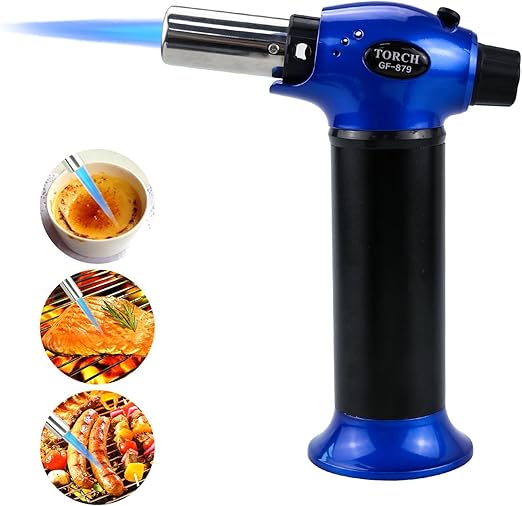 Lospu Hy Culinary Butane Torch Refillable Cooking Blow Torch Lighter With Safety Lock And Two Type Of Flame Kitchen Cooking Blow Torch For Bbq Camping Soldering Welding Outdoor Gf 879 No Butane Gas Blue Black