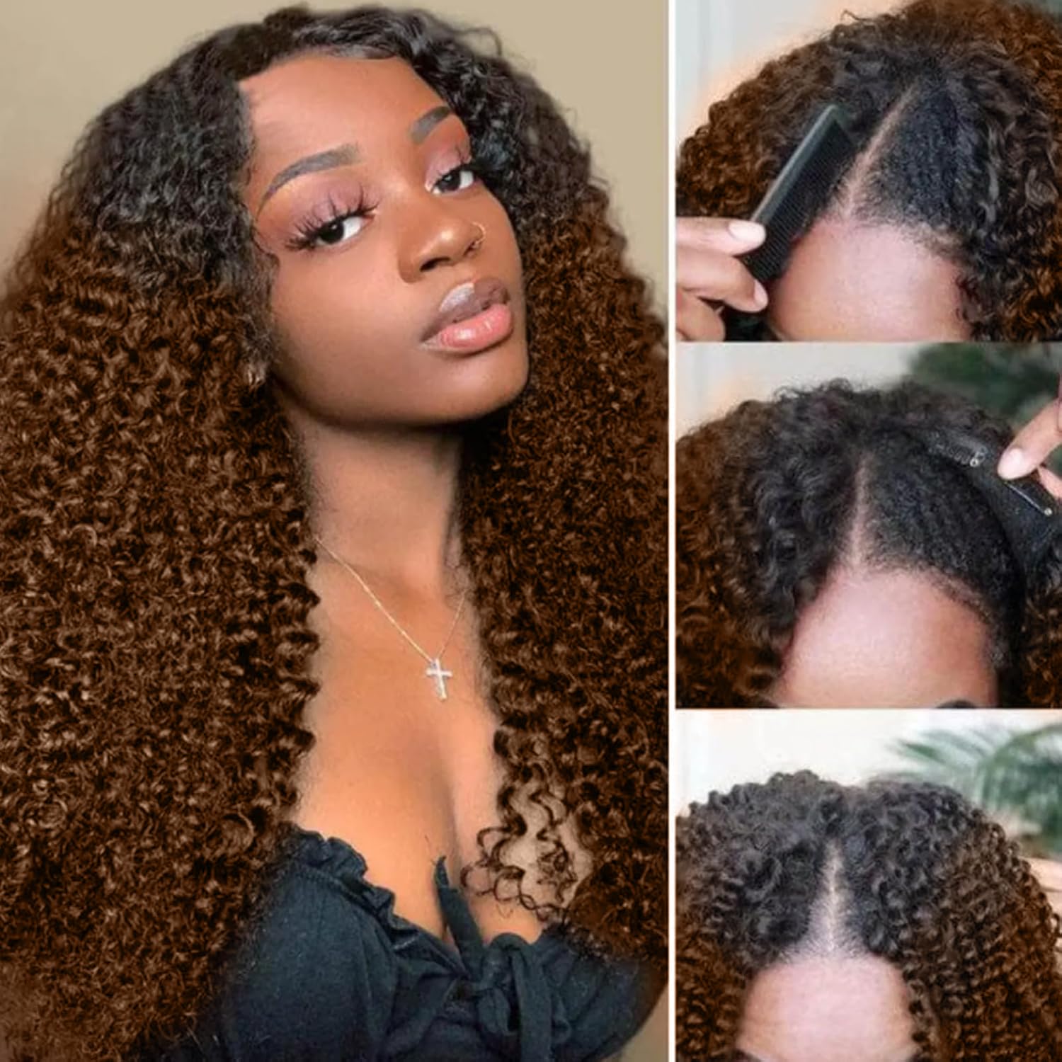 Black Root Ombre Highlight Brown Curly V Part Wigs Human Hair Upgrade U Part Wigs Human Hair for Women 1B/30 Color Highlights Brown Kinky Curly V Part Wigs No Leave Out Curly Wigs 20Inch