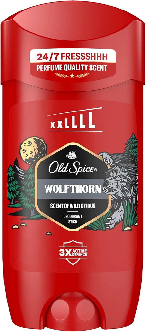 Old Spice Wolfthorn Deostick für Männer 85 ml, 24/7 Frischhh bei täglicher Anwendung, lang anhaltender Duft in Parfümqualität, Schutz vor Gerüchen, 0% Aluminiumsalze, unsichtbar auf Schwarz und Weiß