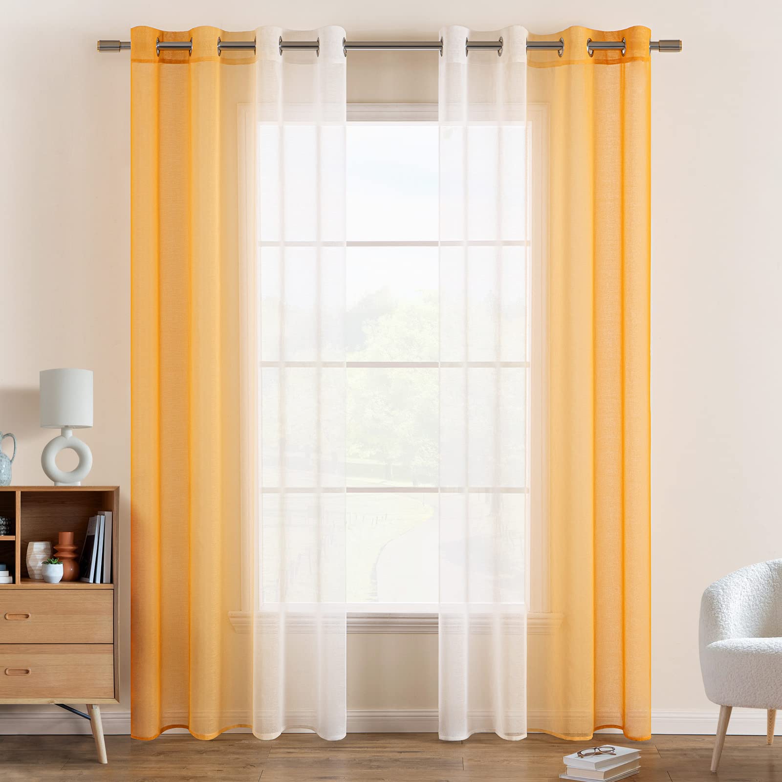 EMEMA Voile Curtain Two-Tone Curtain with Eyelets Transparent Curtain Eyelet Curtain Window Curtain Translucent for Bedroom Set of 2 140 x 245 cm Orange