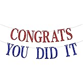 Congrats & You Did It Banner, Congratulations, So Proud of You, Class of 2026 College High School Graduation Party Decorations Supplies, Red and Blue Glitter