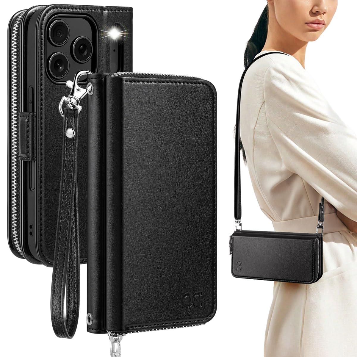 Photo 1 of OCASE for iPhone 17 Pro Crossbody Wallet Case - Stylish PU Leather Handbag Phone Purse with Zipper Closure, Card Slots & RFID Blocking - Wrist Strap, Lanyard, Kickstand - Black