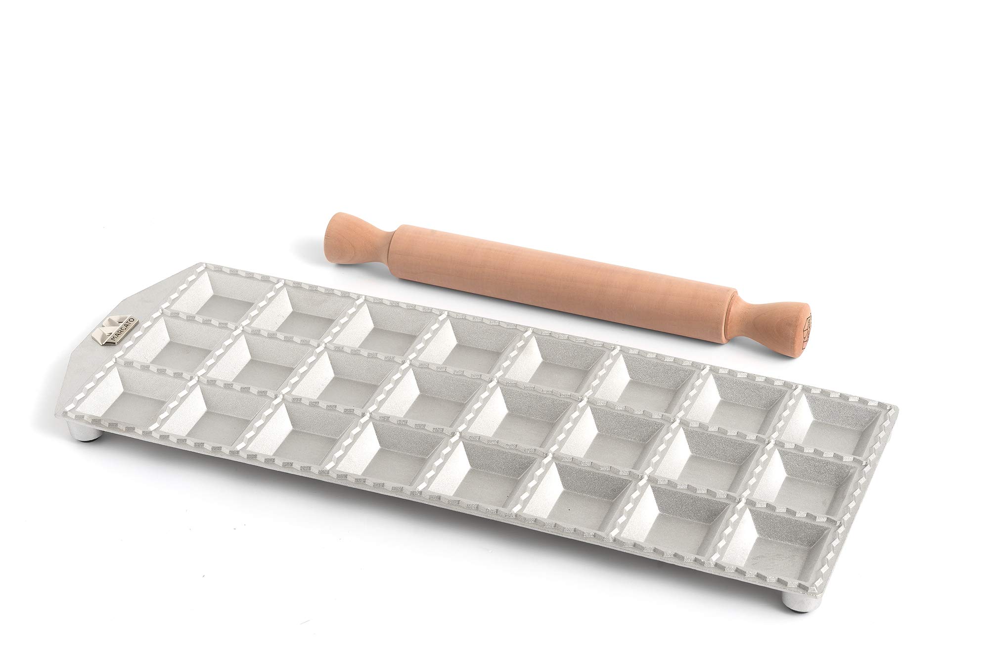 MARCATO Ravioli Maker Press, Ravioli Machine, Homemade Ravioli Cutter, 50 mm Square Cut, Space for Generous Filling, Wooden Rolling Pin Included, Made in Italy