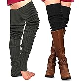 PHOGARY 2 Pairs Winter Leg Warmers Thigh High Socks Over Knee Footless Socks Crochet Knitted Long Boot Cuffs Topper Socks for Women Girls (85cm, Black, Dark Gray)