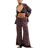 Womens Y2k Silk Pajama Sets Floral Print Long Sleeve Button Down Shirts Wide Leg Pants 2 Piece Lounge Sets