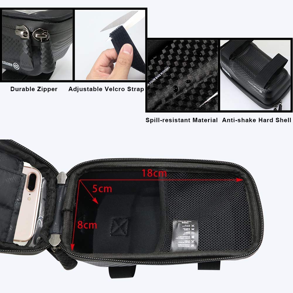 Option Bike Frame Bag, Waterproof Bike Pouch Bag, Cycling Front Top Tube Touchscreen Sun Visor Storage Bag for iPhone 8 Plus/X/XS Max/XR/Samsung S8/S9 Plus up to 6.6 Inch(Black)